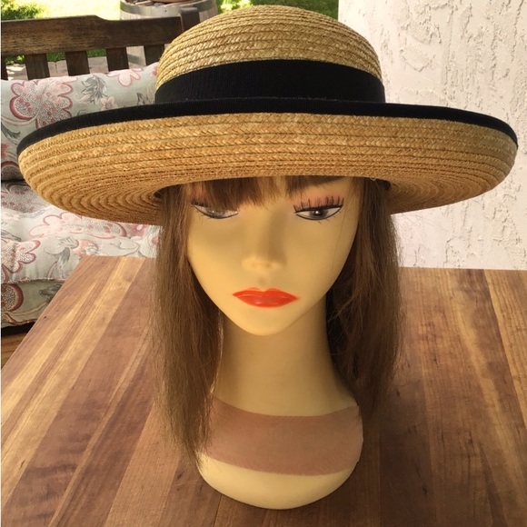 Vintage Nordstrom Straw Black Grosgrain Ribbon Sun Hat - Picture 1 of 14